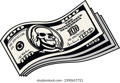 dollar banknote with skull(Hand drawn vector image), grunge vintage design t shirts