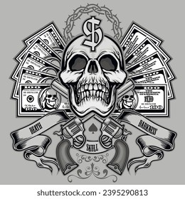
dollar banknote with skull(Hand drawn vector image), grunge vintage design t shirts