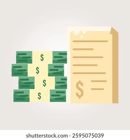 dollar banknote stack and agreement document vector vintage illustaration design, icons business and money Illustration of multiple stacks of green dollar bills beside a financial document, 