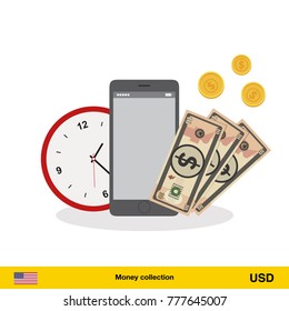 Dollar banknote. Time is money concept vector illustration.