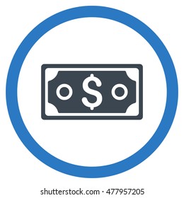 Dollar Banknote vector bicolor rounded icon. Image style is a flat icon symbol inside a circle, smooth blue colors, white background.