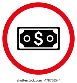 Dollar Banknote vector bicolor rounded icon. Image style is a flat icon symbol inside a circle, intensive red and black colors, white background.