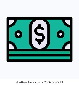 Dollar Banknote Vector Icon, Green Paper, Cash Note, Currency Dollar Icon. Isolated Lineal Color Vector Icon.