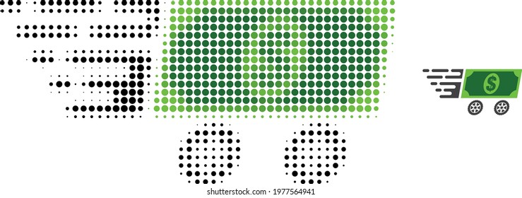 Dollar banknote wagon halftone dot icon illustration. Halftone pattern contains circle pixels. Vector illustration of dollar banknote wagon icon on a white background.
