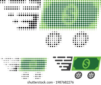 Icono de punto medio del vagón de billetes en dólares. El patrón de semitono contiene elementos redondos. Icono vectorial del vagón de billetes en dólares sobre fondo blanco.