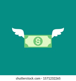 dollar banknote with white wings. Flat  blue background. Flying money. Economy, finance, money pictogram. Wealth symbol.  Vector illustration. Free, easy.  Spend, expenses  