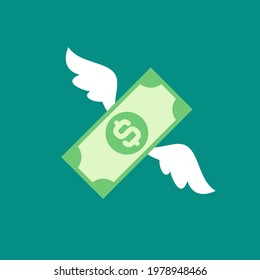 dollar banknote with white wings. Flat  blue background. Flying money. Economy, finance, money pictogram. Wealth symbol.  Vector illustration. Free, easy.  Spend, expenses  