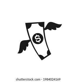dollar banknote with wings isolated on white background. Flying money. Economy, finance, money pictogram. Wealth symbol.  Vector illustration. Free, easy.  Spend, expenses  