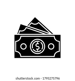 Dollar banknotes black glyph icon. Salary payout. Pile of money. Financial operation. Currency in paper bills. Wealth and cash. Silhouette symbol on white space. Vector isolated illustration