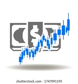 Vector de icono de la gráfica de crecimiento de candelabros de billetes en dólares. Logotipo de las Estadísticas de Money Graph de la Bolsa de Valores.