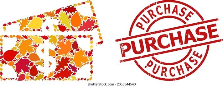 Dollar Banknotes collage icon done for fall season, and Purchase scratched seal. Vector dollar banknotes mosaic is done from randomized fall maple and oak leaves.