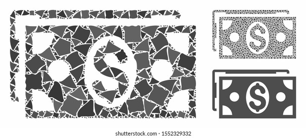 Dollar banknotes composition of bumpy pieces in different sizes and color tinges, based on dollar banknotes icon. Vector bumpy elements are grouped into illustration.