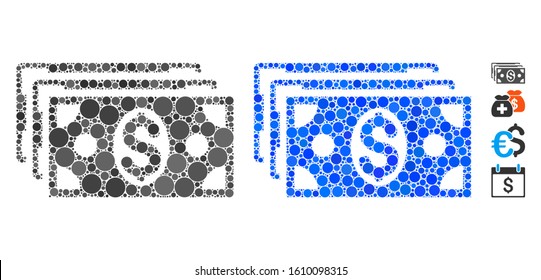 Dollar banknotes composition of round dots in variable sizes and color tints, based on dollar banknotes icon. Vector round elements are combined into blue composition.