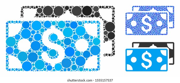 Dollar banknotes composition of spheric dots in variable sizes and color tones, based on dollar banknotes icon. Vector circle elements are organized into blue composition.