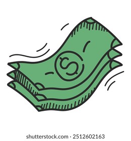 Dólar notas ícone doodle vetor isolado. Ilustração desenhada à mão de papel-moeda com símbolo de dólar sobre eles. Pagamento à vista, conceito de riqueza.