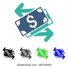 Dollar Banknotes Exchange flat vector illustration. Colored dollar banknotes exchange gray, black, blue, green pictogram variants. Flat icon style for graphic design.