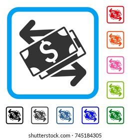 Dollar Banknotes Exchange icon. Flat gray iconic symbol inside a blue rounded rectangular frame. Black, gray, green, blue, red, orange color versions of Dollar Banknotes Exchange vector.