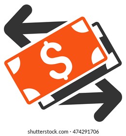 Dollar Banknotes Exchange icon. Vector style is bicolor flat iconic symbol with rounded angles, orange and gray colors, white background.