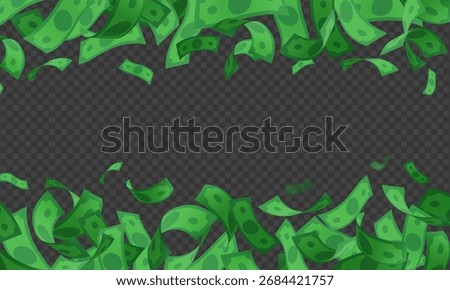 Dollar banknotes fall. Realistic green paper bills flying. Cartoon money cash, American currency banknotes explosion Business and finance pile vector frame. Bank payment dynamic scattered background