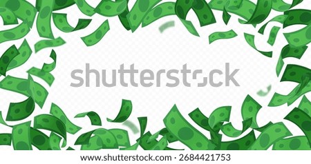 Dollar banknotes fall vector frame. Realistic green paper bills flying. Cartoon money cash, American currency banknotes explosion Business and finance pile. Bank payment dynamic scattered border