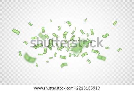 Dollar banknotes falling. Dollars green icon explosion. Money rain border. Winner banner. Cash cartoon sign. Currency collection. Paper bank notes. Jackpot, big win lottery. Vector illustration.