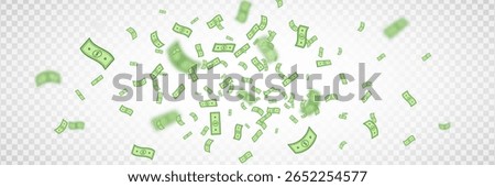 Dollar banknotes falling on transparent background. Dollars icon explosion. Money in a flat style. Cartoon cash sign. Currency collection. Paper bank notes. Jackpot, big win. Vector illustration.