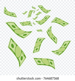 Dollar banknotes falling from the sky. Symbol of wealth, success and good luck. Bank and Finance. Flat vector cartoon illustration. Objects isolated on a transparent background.