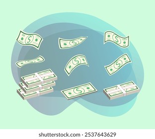 Conjunto de ilustrações em vetor de queda de notas de dólar. Contas de voo, pilhas e maço de dinheiro em fundo branco. Análise financeira, gestão financeira, poupança de dinheiro, conceito de crescimento de depósitos