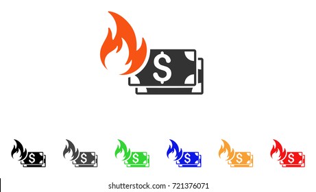 Dollar Banknotes Fire icon. Vector illustration style is a flat iconic dollar banknotes fire symbol with black, gray, green, blue, red, orange color additional versions.