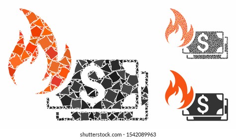 Dollar banknotes fire mosaic of trembly parts in various sizes and color tints, based on dollar banknotes fire icon. Vector trembly pieces are united into collage.