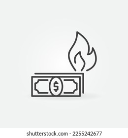 Dollar Banknotes with Fire vector Hyperinflation concept icon or sign in outline style 