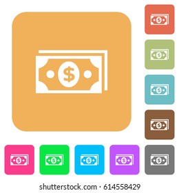 Dollar banknotes flat icons on rounded square vivid color backgrounds.