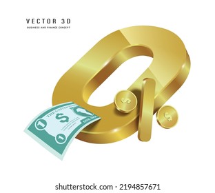 Dollar Banknotes Flowing Out Of Figure 0%gold,vector 3d Isolated On White Background For Advertising About 0% Interest Reduction Promotions Or Fee Reductions And Cashback Promotions,finance For Design