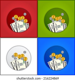 Dollar Banknotes, Gold and Silver Coins with Circle on Color Background. Vector Illustration.