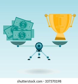 Dollar banknotes and Golden trophy Cup on the scale. Money to win in the game, bribe. Investment in the sport.