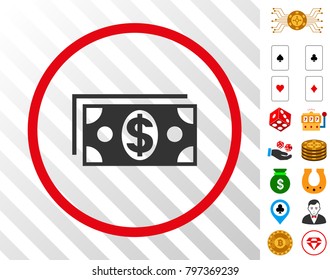 Dollar Banknotes gray icon inside red circle with bonus casino symbols. Vector illustration style is flat iconic symbols. Designed for gamble gui.