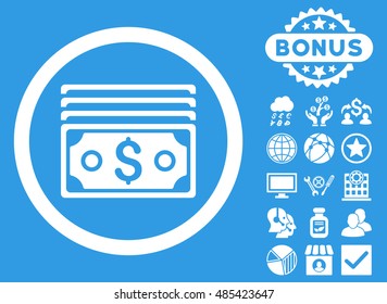 Dollar Banknotes icon with bonus design elements. Vector illustration style is flat iconic symbols, white color, blue background.