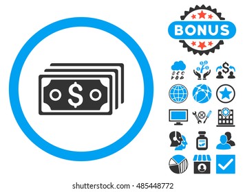 Dollar Banknotes icon with bonus design elements. Vector illustration style is flat iconic bicolor symbols, blue and gray colors, white background.