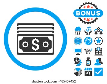 Dollar Banknotes icon with bonus design elements. Vector illustration style is flat iconic bicolor symbols, blue and gray colors, white background.