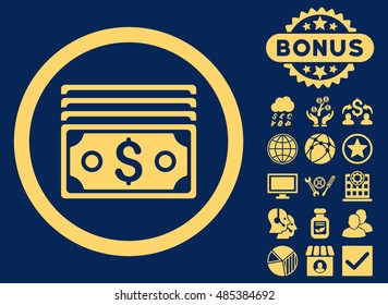 Dollar Banknotes icon with bonus images. Vector illustration style is flat iconic symbols, yellow color, blue background.