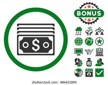 Dollar Banknotes icon with bonus images. Vector illustration style is flat iconic bicolor symbols, green and gray colors, white background.