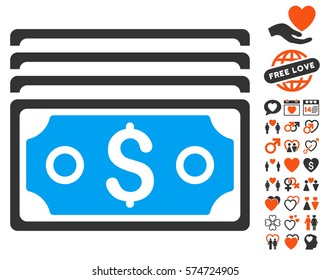 Dollar Banknotes icon with bonus passion pictograph collection. Vector illustration style is flat iconic symbols for web design, app user interfaces.