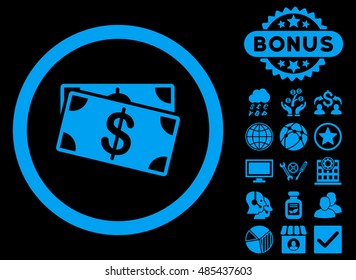 Dollar Banknotes icon with bonus pictogram. Vector illustration style is flat iconic symbols, blue color, black background.