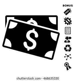 Dollar Banknotes icon with bonus pictograms. Vector illustration style is flat iconic symbols, black color, white background, rounded angles.