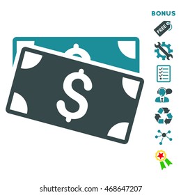 Dollar Banknotes icon with bonus pictograms. Vector illustration style is flat iconic bicolor symbols, soft blue colors, white background, rounded angles.
