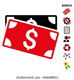 Dollar Banknotes icon with bonus pictograms. Vector illustration style is flat iconic bicolor symbols, intensive red and black colors, white background, rounded angles.
