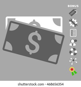 Dollar Banknotes icon with bonus pictograms. Vector illustration style is flat iconic bicolor symbols, dark gray and white colors, silver background, rounded angles.