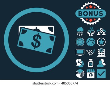 Dollar Banknotes icon with bonus pictures. Vector illustration style is flat iconic bicolor symbols, blue and white colors, dark blue background.