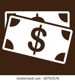 Dollar Banknotes icon from Business Bicolor Set. This flat vector symbol uses white color, rounded angles, and isolated on a brown background.