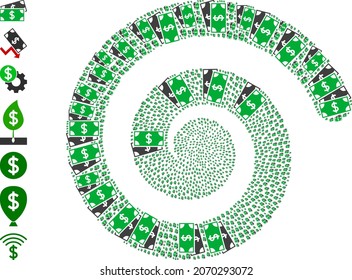 Collage espiral de billetes en dólares. Los billetes en dólares se agrupan en el concepto de diseño de remolinos. El remolino de objetos se organiza a partir de iconos de billetes en dólares al azar.